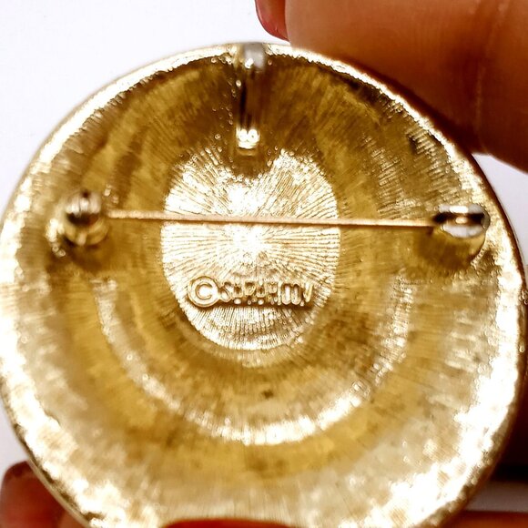 Vintage Sarah Coventry Brooch Pendant Malachite Gold Tone Green Striped Stone - Picture 7 of 12